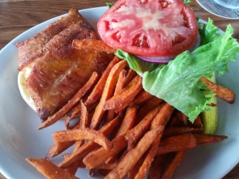 Blacked grouper sandwich with sweet potato fries